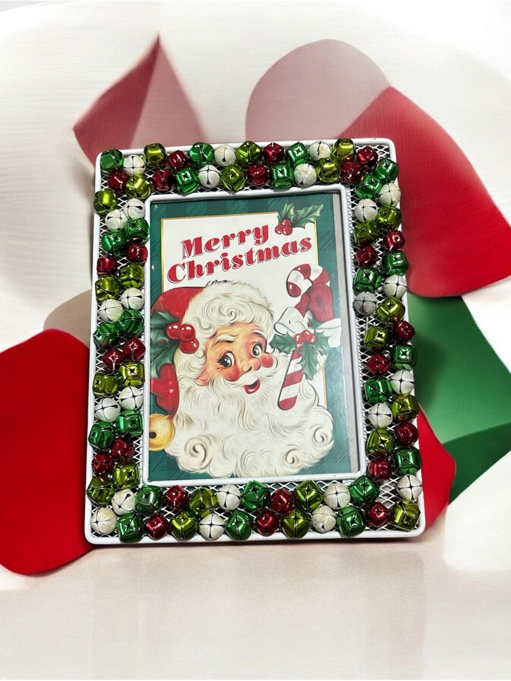 Unique Vintage Red Green White Beaded Holiday Picture Frame